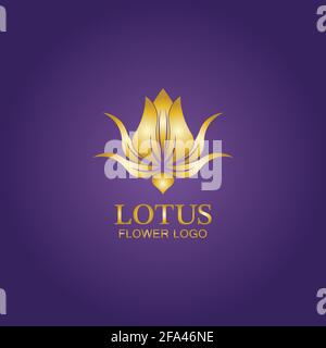 Golden lotus flower logo. Vector design template of lotus icon on dark background with golden effect for eco, beauty, spa, yoga, medical companies. Stock Vector