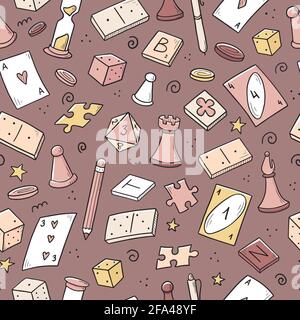 Hand drawn seamless pattern of board game element, cards, chess, hourglass, chips, dice, dominoes. Doodle sketch style. Isolated vector illustration for for board game shop, store. Stock Vector