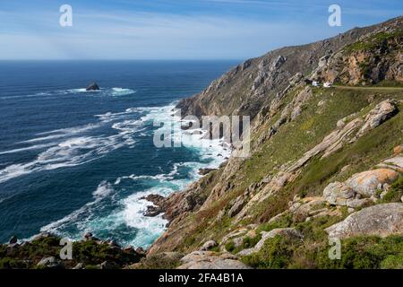 Finisterre sea cliffs view with camper vans livig van life in Galicia Stock Photo