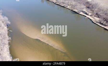 River with sand bars in winter aerial photo taken by drone in 4k Stock Photo