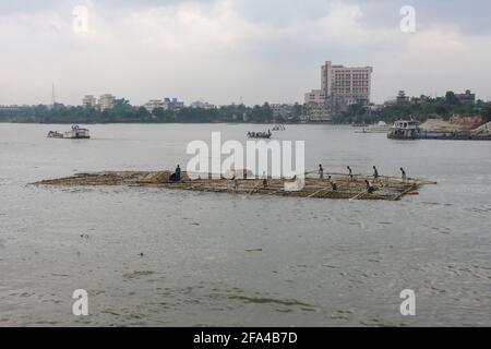 Workers transporting bamboos making a raft on the Buriganga River, Dhaka, Bangladesh Stock Photo