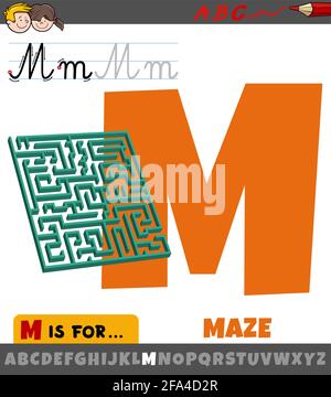 Educational cartoon illustration of letter M from alphabet with maze Stock Vector