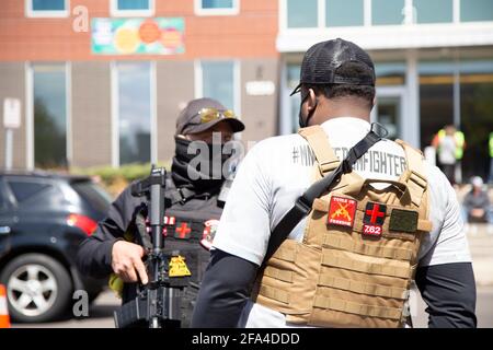 Minneapolis, Minnesota, USA. 22nd Apr, 2021. April 22, 2021-Minneapolis, Minnesota, USA: Minnesota Freedom Fighters, a security group, gather outside DAUNTE WRIGHT's funeral at New Shiloh Temple in North Minneapolis. Wright, 20, of Brooklyn Center, Minnesota, was shot and killed by former Brooklyn Center Police officer KIMBERLY POTTER, 48, of Champlin, Minnesota while on duty during a traffic stop. Credit: Henry Pan/ZUMA Wire/Alamy Live News Stock Photo