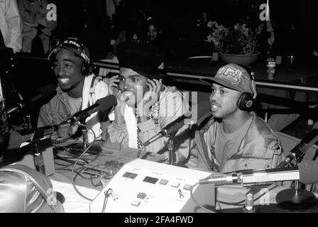 **FILE PHOTO** Shock G of Digital Underground Has Reportedly Passed Away. The Digital Underground (with Tupac Shakur) doing an interview at the KMEL Summer Jam at the Shorline Ampitheatre in Mountain View, CA. August, 1991. Credit: Pat Johnson/MediaPunch Stock Photo