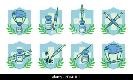 Collection of isolated, hand drawn, vectors related to getting vaccinated, syringes, improving the immune system, with a shield with leafy decoration Stock Vector