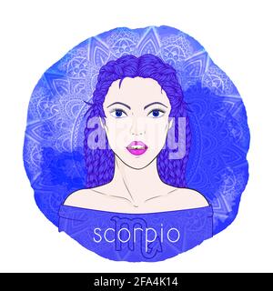 Astrology card with zodiac sign Scorpio and beautiful woman portrait on a decorative watercolor background with pattern. Water element. Vector illustr Stock Vector