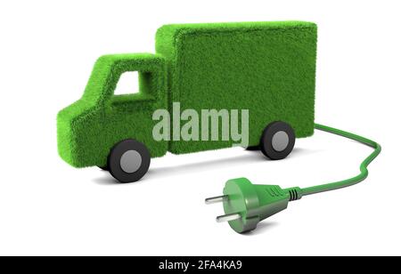 Electric truck. Grass truck with a wire and a plug from the socket. isolated on white background. 3d render. Stock Photo