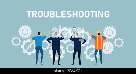 troubleshooting find and fix problem error in a machine process symbol of cooperation working together cogwheel gears Stock Vector