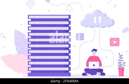 Computer Cloud Server Hosting Storage Illustration Of Data Transmission Technology and Protection With Administrator or Developer Team Design Stock Vector