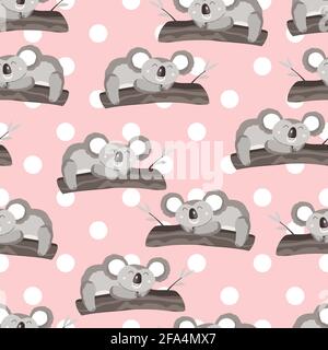 Seamless pattern with cute koala baby on color polka dots background. Funny australian animals. Card, postcards for kids. Flat vector illustration for Stock Vector