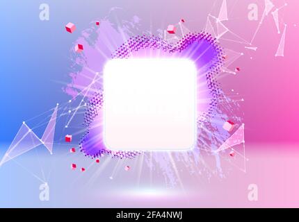 Abstract pink and blue vaporwave styled background with shiny neon frame, brush stroke, halftone blot and triangular dotted grid. Stock Vector
