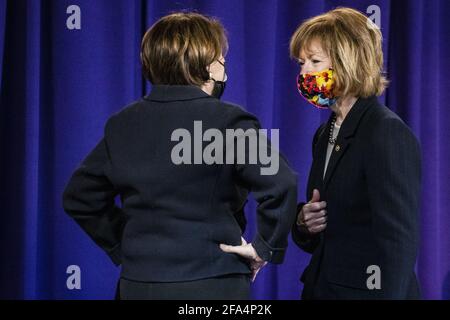 United States Senator Amy Klobuchar (Democrat of Minnesota), left, and US Senator Tina Smith (Democrat of Minnesota), right, talk before Daunte Wrights funeral at Shiloh Temple International Ministries for the funeral of Daunte Wright in Minneapolis, MN, USA on Thursday, April 22, 2021. Wright was shot by police officer Kimberly Ann Potter who claims she thought she was deploying a taser when Wright attempted to flee as police attempted to place him under arrest for an outstanding warrant during a traffic stop. Photo by Samuel Corum/CNPA/ABACAPRESS.COM Stock Photo