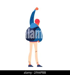 Angry man with a raised fist shouts in protest for human rights in the open air. Strike against violence. Flat design character colorful illustration Stock Vector