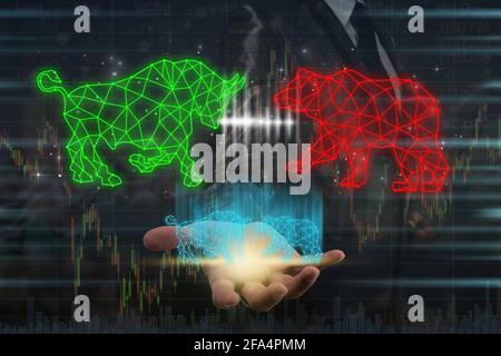 Double exposure of Businessman hand holding Bull and Bear polygonal shape writing by lines and dots over Stock market exchange information and Trading Stock Photo