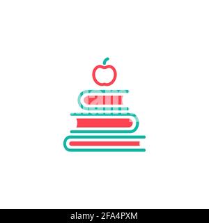 stack of books outline silhouette and apple. Isolated on white background. Flat minimalism icon. Vector illustration. Knowledge logo. Education pictog Stock Vector