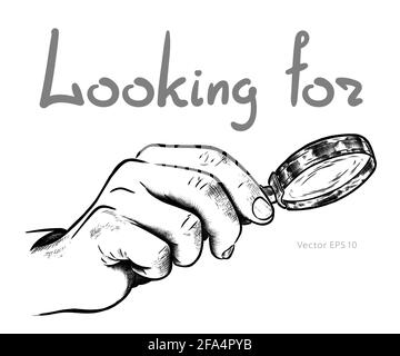 Hand with a magnifying glass in search of something sketch vector illustrator Stock Vector