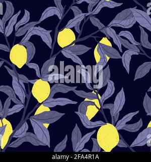 Tropical Lemon seamless pattern in hand drawn cartoon style on dark background. Tree branch with citrus fruits and leaves background in flat design. E Stock Vector