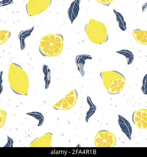 Tropical Lemon seamless pattern in hand drawn cartoon style. Citrus summer background in flat design. Cute bright summer vector pattern. Stock Vector