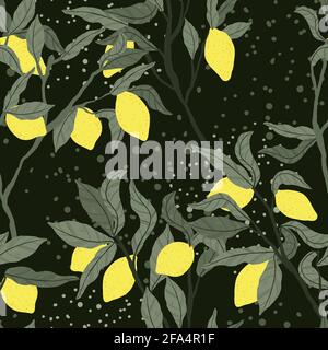 Tropical Lemon seamless pattern in hand drawn cartoon style on dark background. Tree branch with citrus fruits and leaves background in flat design. E Stock Vector