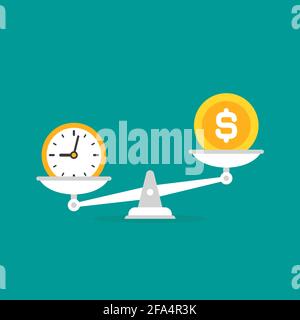 White mechanical scales with dollar coin and clock in pans. Time and money balance. Justice, law scale. Vector illustration on blue background. Stock Vector