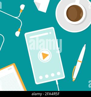 On-line distant education, webinar concept. Smart phone with coffee and earphones. Audio message, voice, record, podcast. outsourcer, home work, onlin Stock Vector