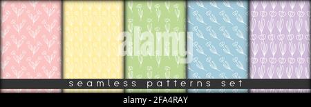 combinable seamless patterns set delicate pastel colors. botanical floral hand drawn lineart elements dots spots. design for packaging wrapping fabric Stock Vector