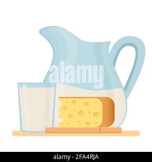 Fresh organic milk products set with cheese and milk in a jug vector illustration. Stock Vector