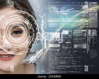 Asian women being futuristic vision over the Part of earth and Milky Way,digital technology screen over the eye vision background,security and command Stock Photo