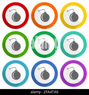 Bomb vector icons, set of colorful flat design buttons for webdesign and mobile applications Stock Vector