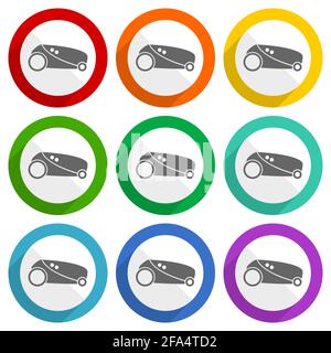 Robot, automatic grass mower vector icons, set of colorful flat design buttons for webdesign and mobile applications Stock Vector