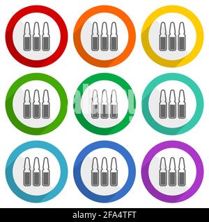 Vaccine ampules vector icons, set of colorful flat design buttons for webdesign and mobile applications Stock Vector