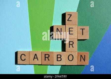 Net, Zero, Carbon, words in wooden alphabet letters isolated on blue and green background Stock Photo