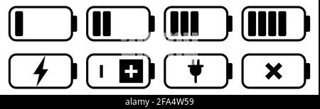 Battery icon set. Battery charge level indicator. UI elements symbols. Vector design isolated on white background Stock Vector