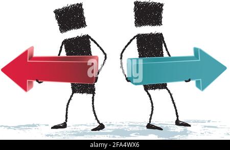 Two stick figures holding two large arrows. The arrows pointing in opposite directions. Stock Vector