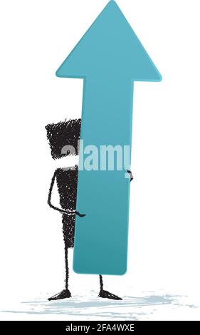 Stick figure holding an arrow pointing up. A metaphor for success, the desire to improve. Stock Vector