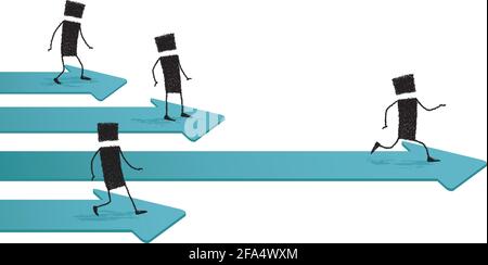 Several stick figures running over some arrows pointing forward. One is the fastest, it will succeed. Stock Vector