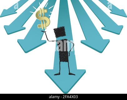 A stick figure standing on an arrow, holding the dollar symbol. A metaphor of success, someone who has made money. Stock Vector