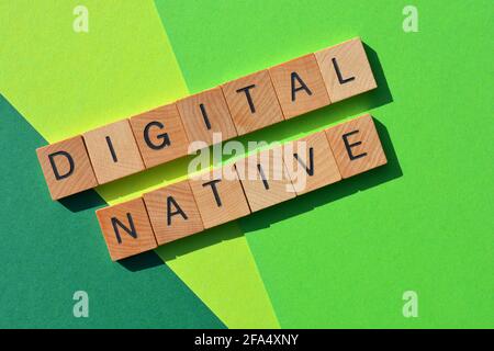 Digital Native, words in wooden alphabet letters isolated on green background Stock Photo