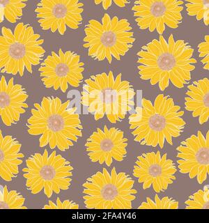 Vector seamless pattern of yellow sunflowers with white outline on taupe background. Decorative print for wallpaper, wrapping, textile, fashion fabric or other printable covers. Stock Vector