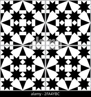 Moroccan and Turkish geoemetic tile seamless vector pattern, black and white textile design with stars and abstract shapes Stock Vector