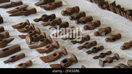 A Collection of Various Types of Metal Hammer Heads. Stock Photo