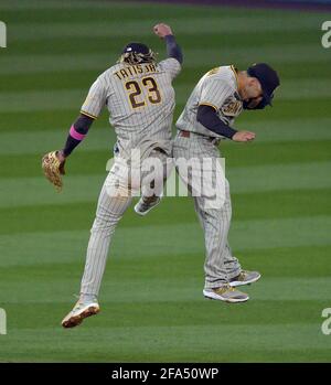 Los Angeles, United States. 22nd Apr, 2021. San Diego Padres' shortstop Fernando Tatis Jr. (23) celebrates with right fielder Will Myers after defeating the Los Angeles Dodgers 3-2 at Dodger Stadium in Los Angles on Thursday, April 22, 2021. Photo by Jim Ruymen/UPI Credit: UPI/Alamy Live News Stock Photo
