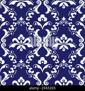 Damask  vector seamless textile or farbic print pattern, old victorian repetitive design with flowers, swirls and leaves in white on navy blue Stock Vector