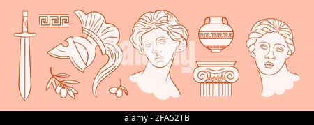 Set of mythical ancient greek stickers. Heads of women, helmet, amphora, dagger. Classic statues in modern style, isolated hand drawn Stock Vector