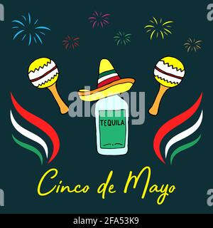 Cinco De Mayo background template for the celebration of the Mexican holiday. Handwritten lettering phrase design with hand-draw maracas, sombrero. Stock Vector