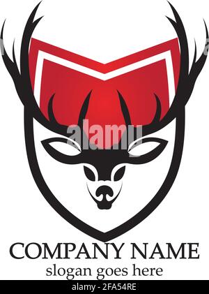 Deer hunter with shield logo design, Wild animal vector, Head deer illustration Stock Vector