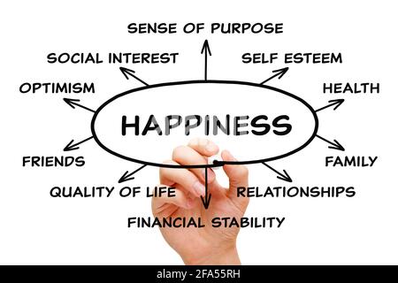 Hand drawing Happiness diagram concept with black marker on transparent wipe board isolated on white background. Stock Photo