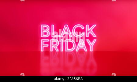 Black Friday sale. Black Friday neon sign on red studio background. Glowing white and red neon text for advertising and promotion. Icon neon light ban Stock Photo