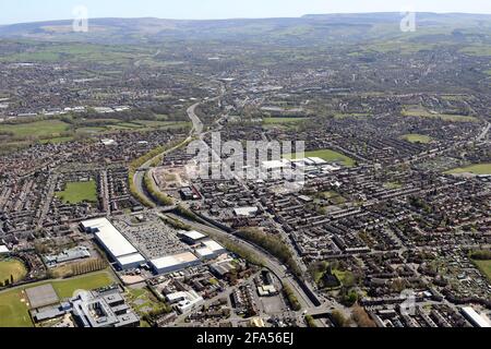 aerial view from the west looking east of Hyde town in Greater Manchester, with the Pennines in the background, UK Stock Photo