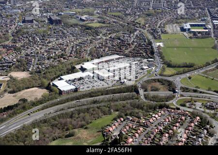 aerial view of Elk Mill Shopping Park. Shopping Centre near Oldham, Greater Manchester Stock Photo